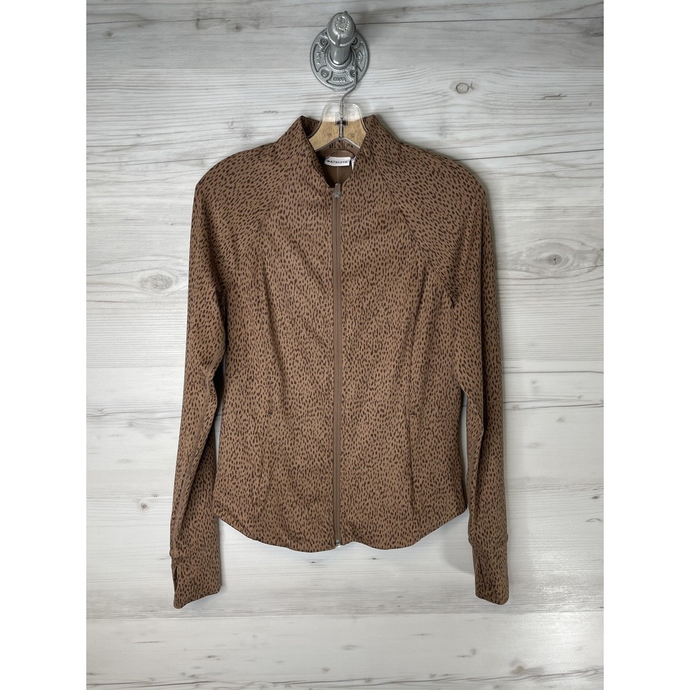 Athleta Salutation Track Jacket Womens Small Brown Animal Print Full Zip Stretch
